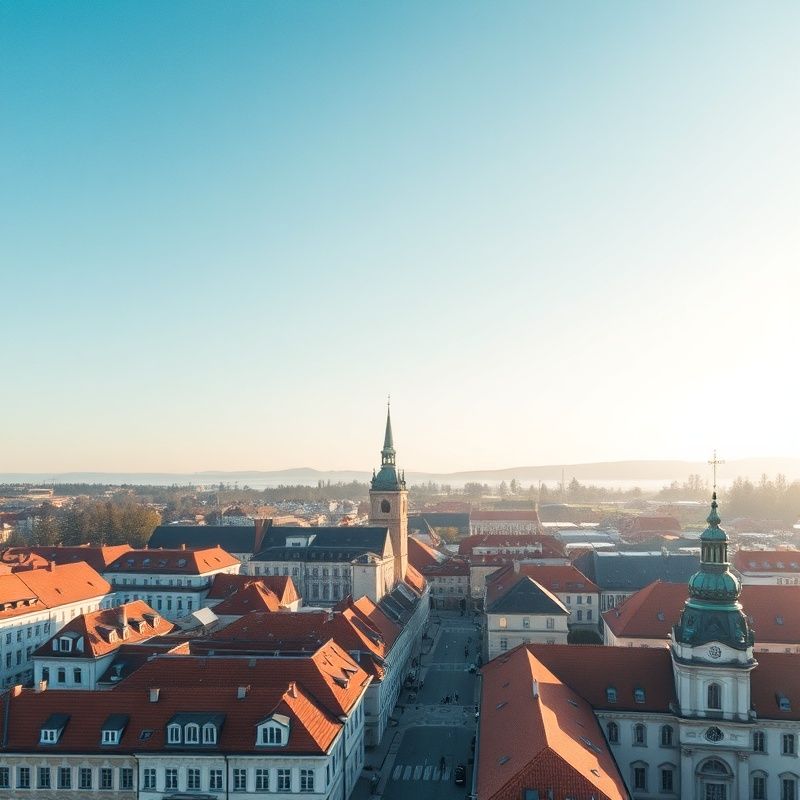 Letecký pohľad na centrum mesta Martin v mäkkom rannom svetle
