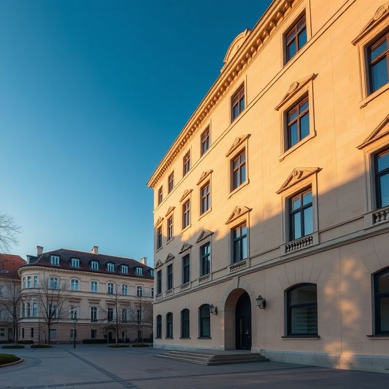 Modernistická budova s pieskovcovou fasádou pod azúrovým nebom
